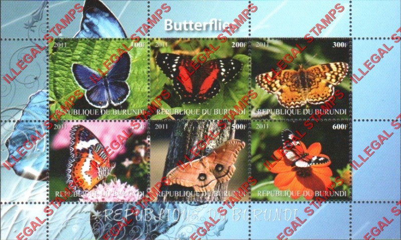 Burundi 2011 Butterflies Counterfeit Illegal Stamp Souvenir Sheet of 6 (Sheet 1) Burundi 2011 Butterflies Counterfeit Illegal Stamp Souvenir Sheet of 6 (Sheet 1)