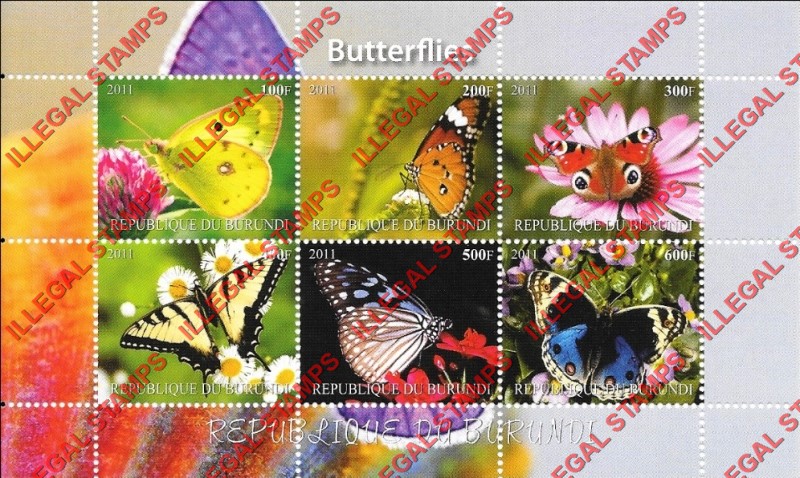 Burundi 2011 Butterflies Counterfeit Illegal Stamp Souvenir Sheet of 6 (Sheet 3) Burundi 2011 Butterflies Counterfeit Illegal Stamp Souvenir Sheet of 6 (Sheet 3)
