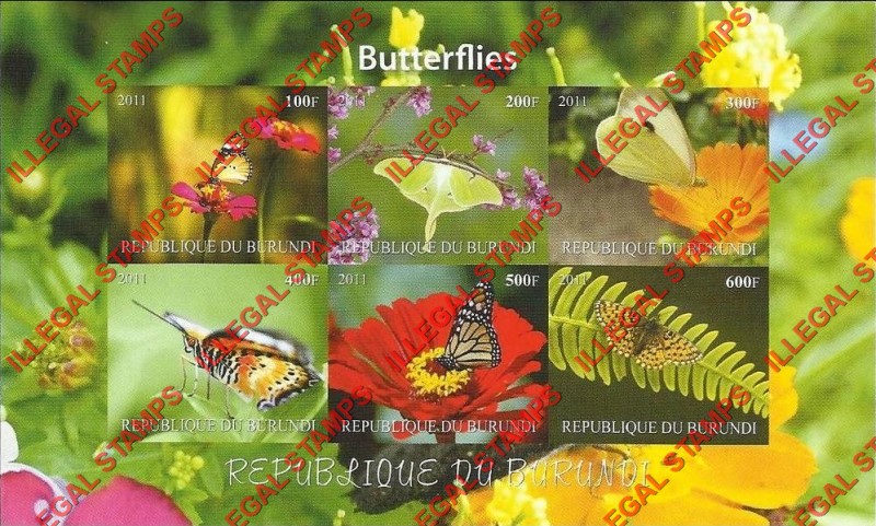 Burundi 2011 Butterflies Counterfeit Illegal Stamp Souvenir Sheet of 6 (Sheet 4) Burundi 2011 Butterflies Counterfeit Illegal Stamp Souvenir Sheet of 6 (Sheet 4)