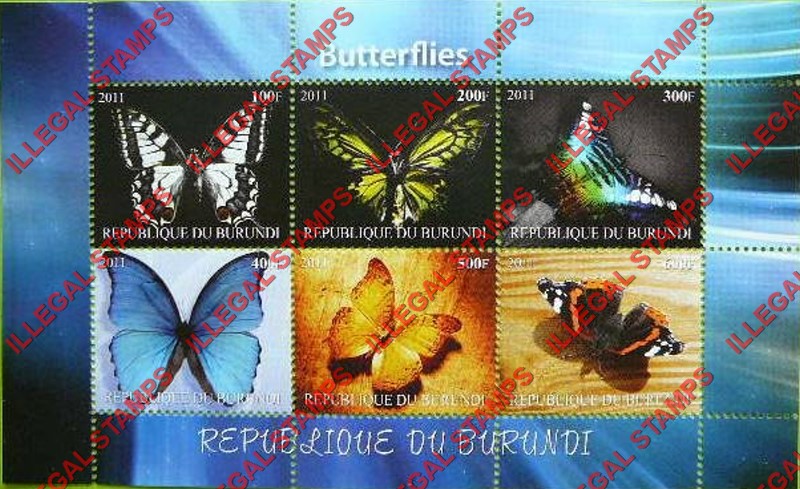 Burundi 2011 Butterflies Counterfeit Illegal Stamp Souvenir Sheet of 6 (Sheet 5) Burundi 2011 Butterflies Counterfeit Illegal Stamp Souvenir Sheet of 6 (Sheet 5)