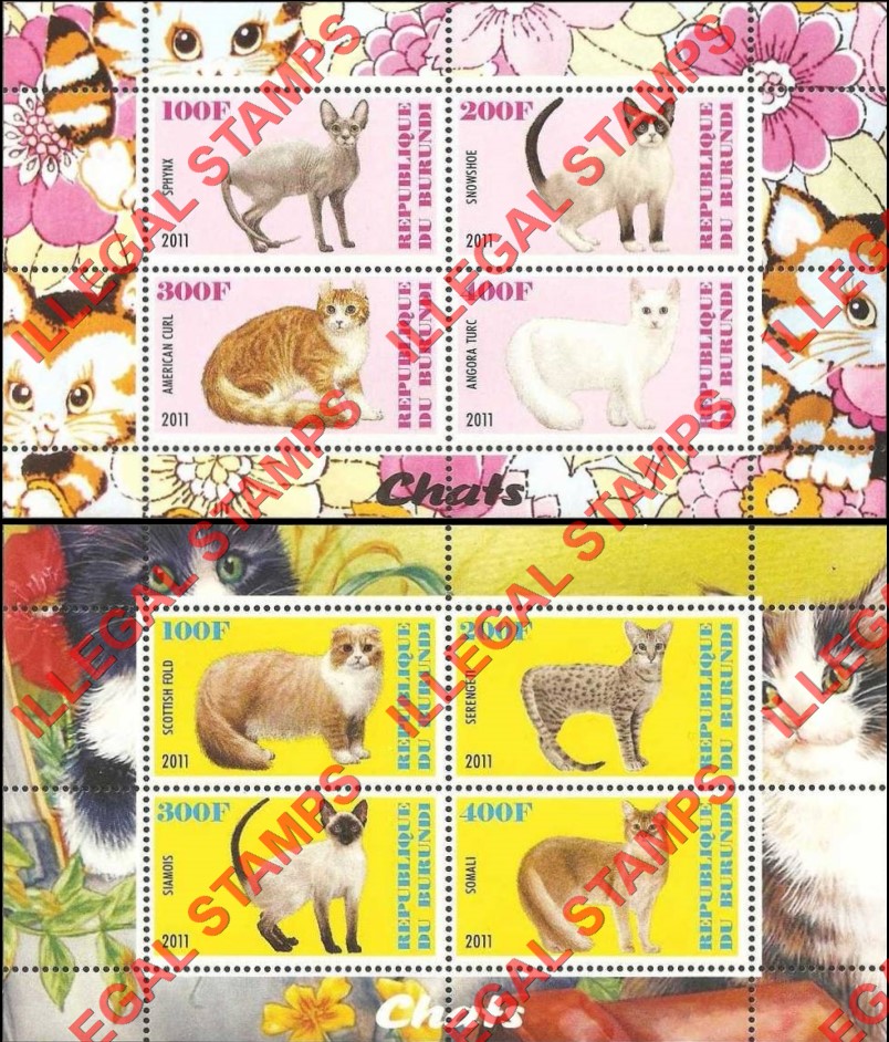 Burundi 2011 Cats Counterfeit Illegal Stamp Souvenir Sheets of 4 (Part 1) Burundi 2011 Cats Counterfeit Illegal Stamp Souvenir Sheets of 4 (Part 1)
