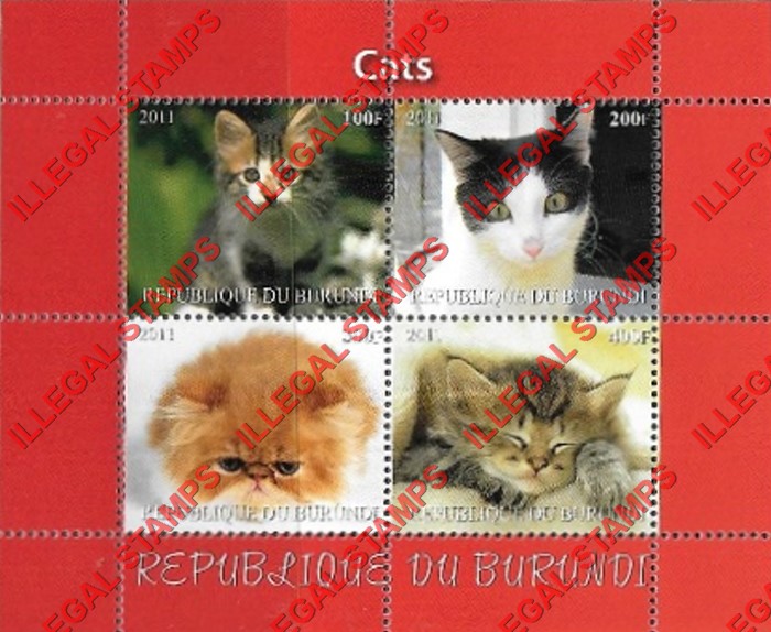 Burundi 2011 Cats (different) Counterfeit Illegal Stamp Souvenir Sheet of 4 (Sheet 3) Burundi 2011 Cats (different) Counterfeit Illegal Stamp Souvenir Sheet of 4 (Sheet 3)