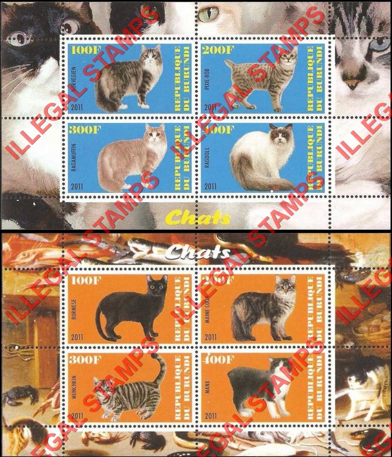 Burundi 2011 Cats Counterfeit Illegal Stamp Souvenir Sheets of 4 (Part 2) Burundi 2011 Cats Counterfeit Illegal Stamp Souvenir Sheets of 4 (Part 2)