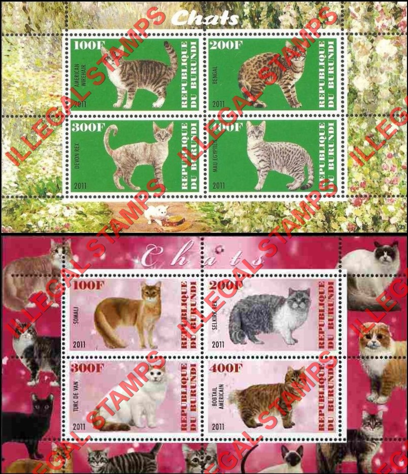Burundi 2011 Cats Counterfeit Illegal Stamp Souvenir Sheets of 4 (Part 3) Burundi 2011 Cats Counterfeit Illegal Stamp Souvenir Sheets of 4 (Part 3)