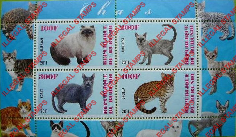 Burundi 2011 Cats Counterfeit Illegal Stamp Souvenir Sheets of 4 (Part 4) Burundi 2011 Cats Counterfeit Illegal Stamp Souvenir Sheets of 4 (Part 4)