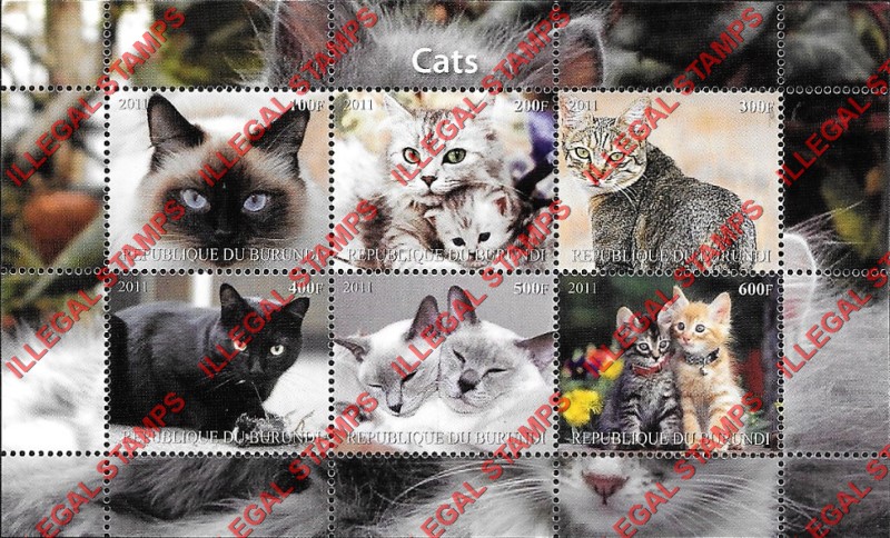 Burundi 2011 Cats Counterfeit Illegal Stamp Souvenir Sheet of 6 (Sheet 1) Burundi 2011 Cats Counterfeit Illegal Stamp Souvenir Sheet of 6 (Sheet 1)
