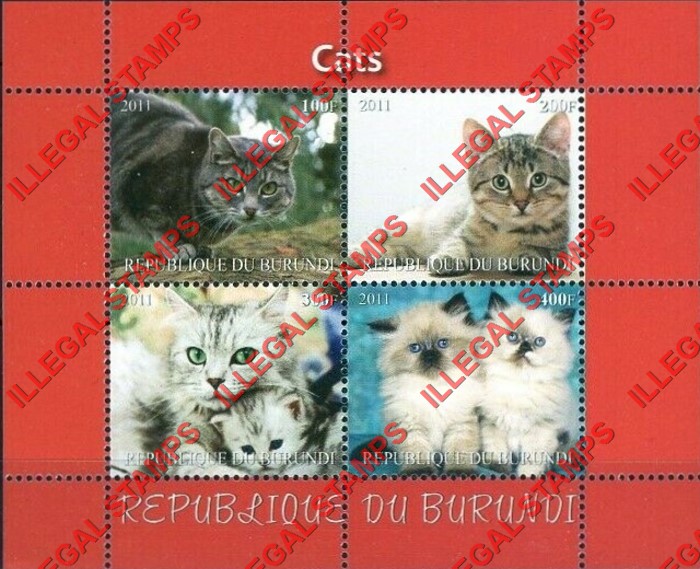 Burundi 2011 Cats (different) Counterfeit Illegal Stamp Souvenir Sheet of 4 (Sheet 1) Burundi 2011 Cats (different) Counterfeit Illegal Stamp Souvenir Sheet of 4 (Sheet 1)
