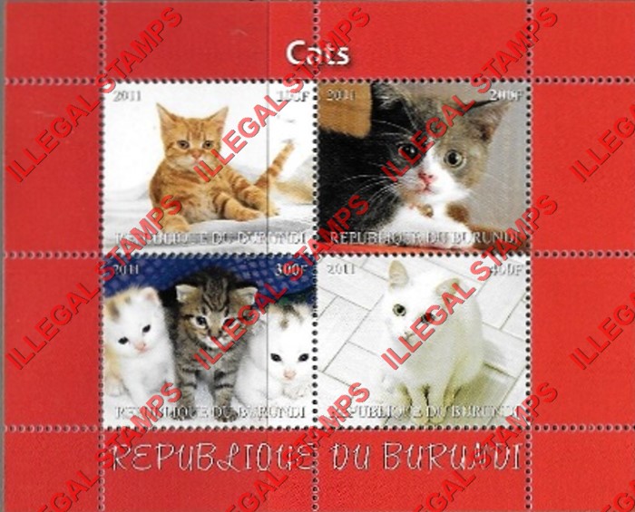 Burundi 2011 Cats (different) Counterfeit Illegal Stamp Souvenir Sheet of 4 (Sheet 2) Burundi 2011 Cats (different) Counterfeit Illegal Stamp Souvenir Sheet of 4 (Sheet 2)