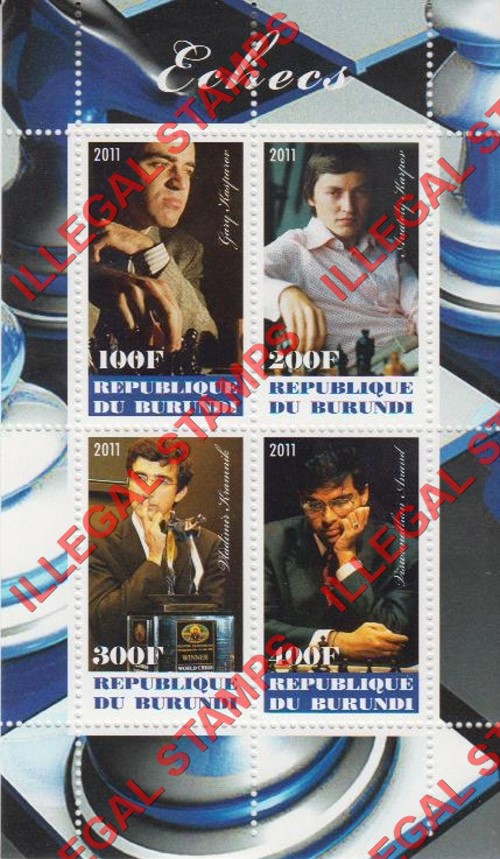 Burundi 2011 Chess Masters Male Counterfeit Illegal Stamp Souvenir Sheet of 4 Burundi 2011 Chess Masters Male Counterfeit Illegal Stamp Souvenir Sheet of 4