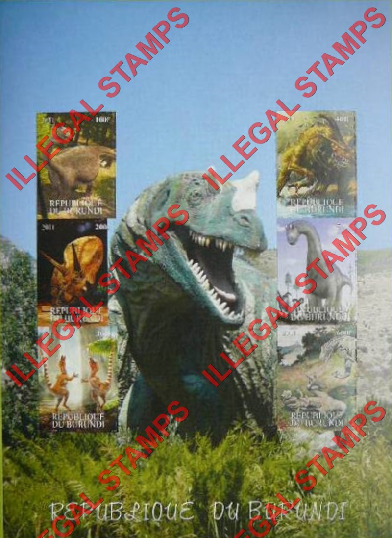 Burundi 2011 Dinosaurs (different) Counterfeit Illegal Stamp Souvenir Sheet of 6 Burundi 2011 Dinosaurs (different) Counterfeit Illegal Stamp Souvenir Sheet of 6
