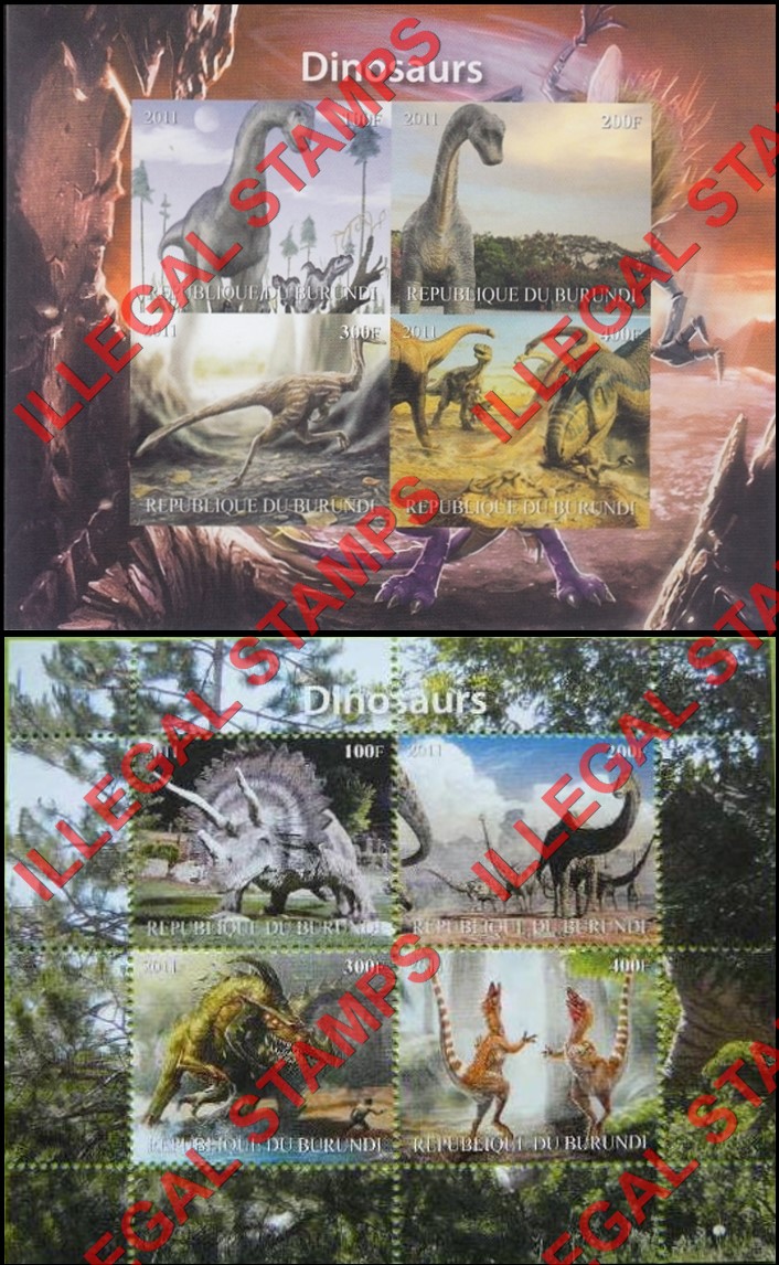 Burundi 2011 Dinosaurs (different) Counterfeit Illegal Stamp Souvenir Sheets of 4 (Part 1) Burundi 2011 Dinosaurs (different) Counterfeit Illegal Stamp Souvenir Sheets of 4 (Part 1)