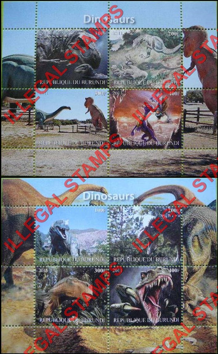 Burundi 2011 Dinosaurs (different) Counterfeit Illegal Stamp Souvenir Sheets of 4 (Part 2) Burundi 2011 Dinosaurs (different) Counterfeit Illegal Stamp Souvenir Sheets of 4 (Part 2)