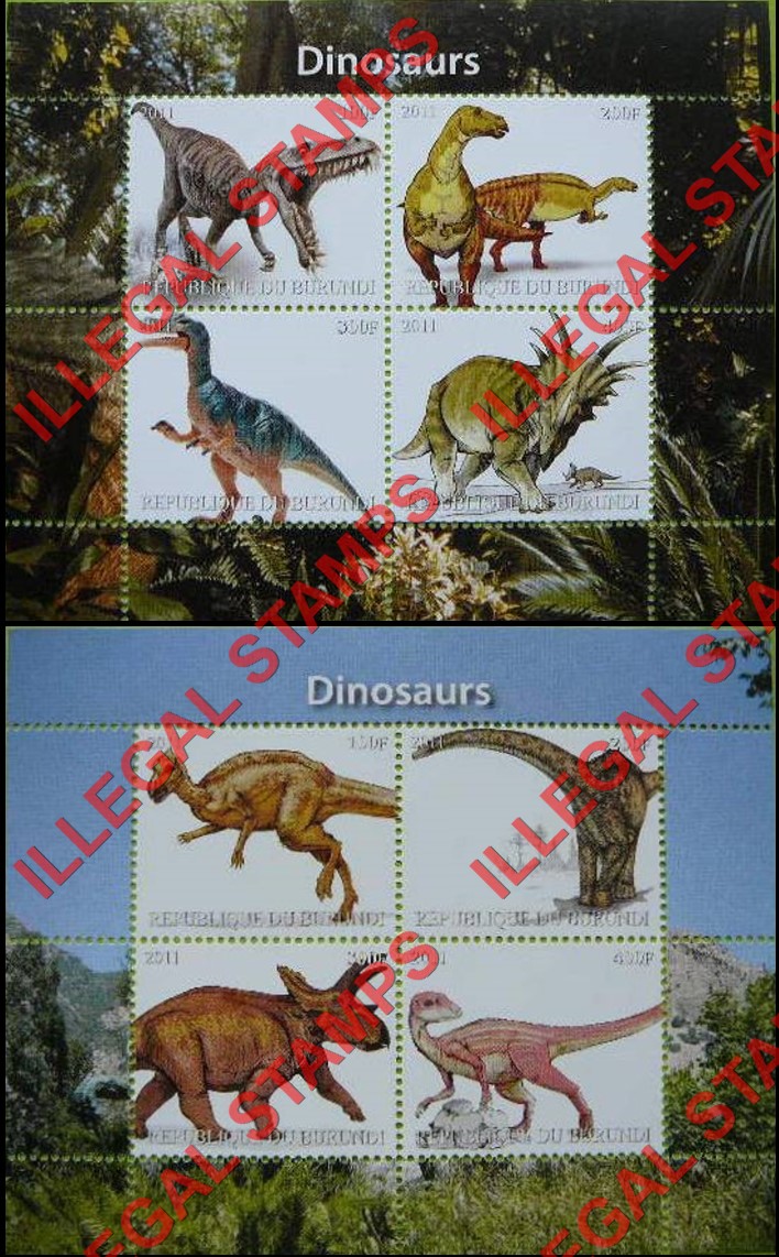 Burundi 2011 Dinosaurs (different) Counterfeit Illegal Stamp Souvenir Sheets of 4 (Part 3) Burundi 2011 Dinosaurs (different) Counterfeit Illegal Stamp Souvenir Sheets of 4 (Part 3)
