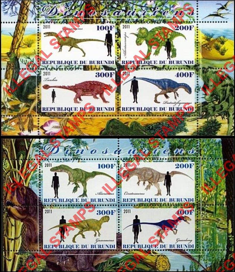 Burundi 2011 Dinosaurs Counterfeit Illegal Stamp Souvenir Sheets of 4 (Part 1) Burundi 2011 Dinosaurs Counterfeit Illegal Stamp Souvenir Sheets of 4 (Part 1)