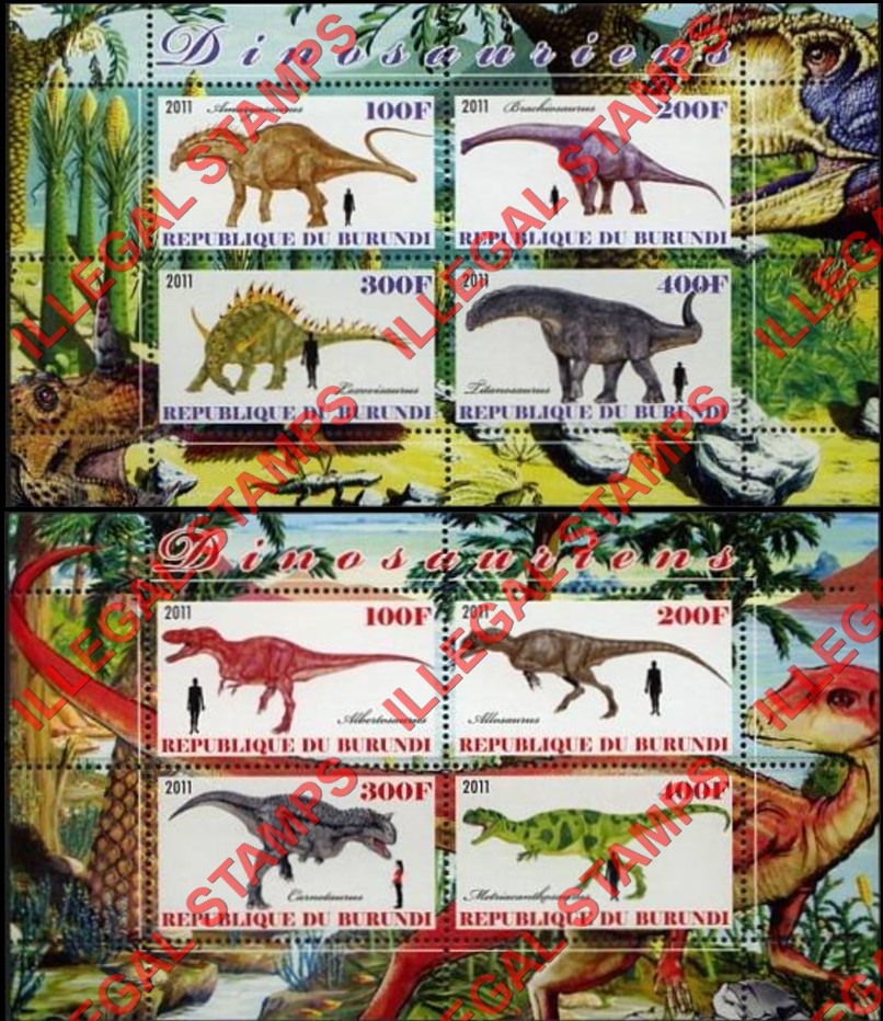 Burundi 2011 Dinosaurs Counterfeit Illegal Stamp Souvenir Sheets of 4 (Part 2) Burundi 2011 Dinosaurs Counterfeit Illegal Stamp Souvenir Sheets of 4 (Part 2)