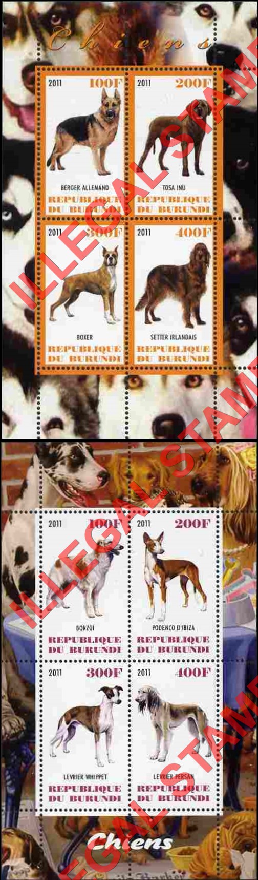 Burundi 2011 Dogs Counterfeit Illegal Stamp Souvenir Sheet of 4 (Part 1) Burundi 2011 Dogs Counterfeit Illegal Stamp Souvenir Sheet of 4 (Part 1)