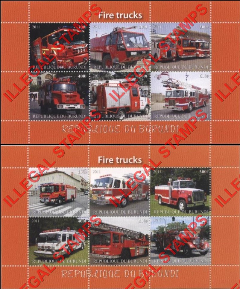 Burundi 2011 Fire Trucks Counterfeit Illegal Stamp Souvenir Sheets of 6 Burundi 2011 Fire Trucks Counterfeit Illegal Stamp Souvenir Sheets of 6