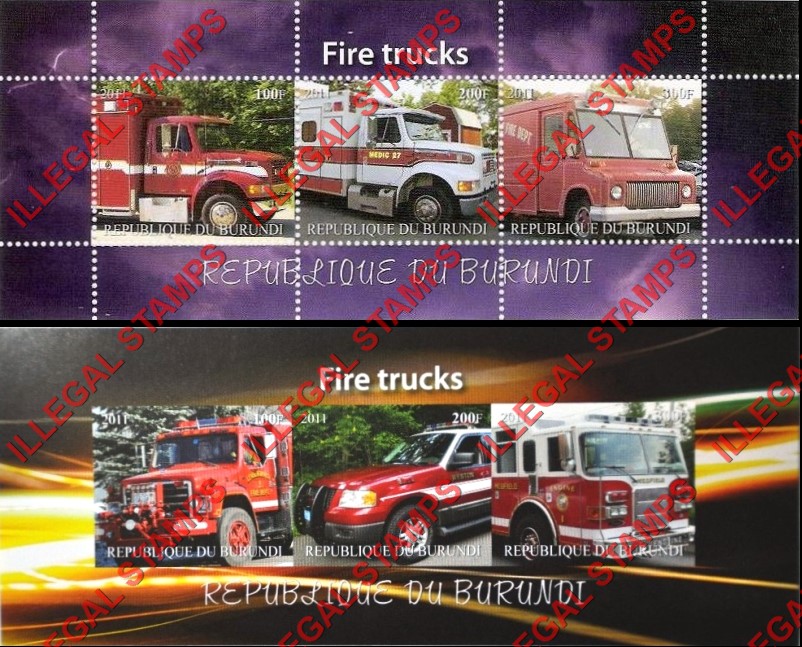 Burundi 2011 Fire Trucks Counterfeit Illegal Stamp Souvenir Sheets of 3 Burundi 2011 Fire Trucks Counterfeit Illegal Stamp Souvenir Sheets of 3
