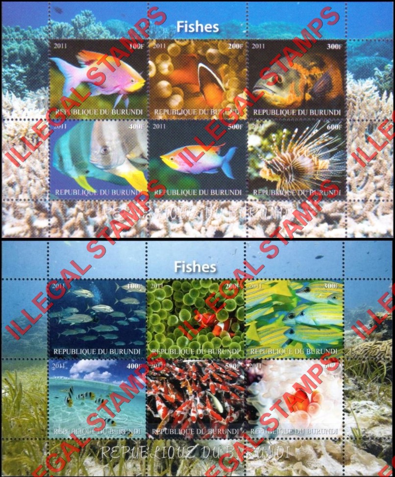 Burundi 2011 Fish Counterfeit Illegal Stamp Souvenir Sheet of 6 (Part 1) Burundi 2011 Fish Counterfeit Illegal Stamp Souvenir Sheet of 6 (Part 1)