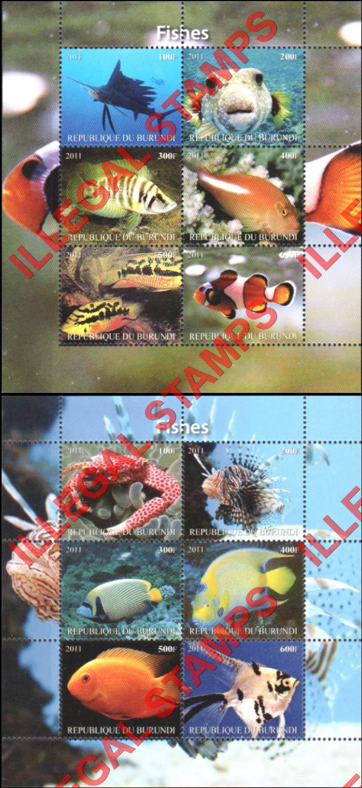 Burundi 2011 Fish Counterfeit Illegal Stamp Souvenir Sheet of 6 (Part 2) Burundi 2011 Fish Counterfeit Illegal Stamp Souvenir Sheet of 6 (Part 2)
