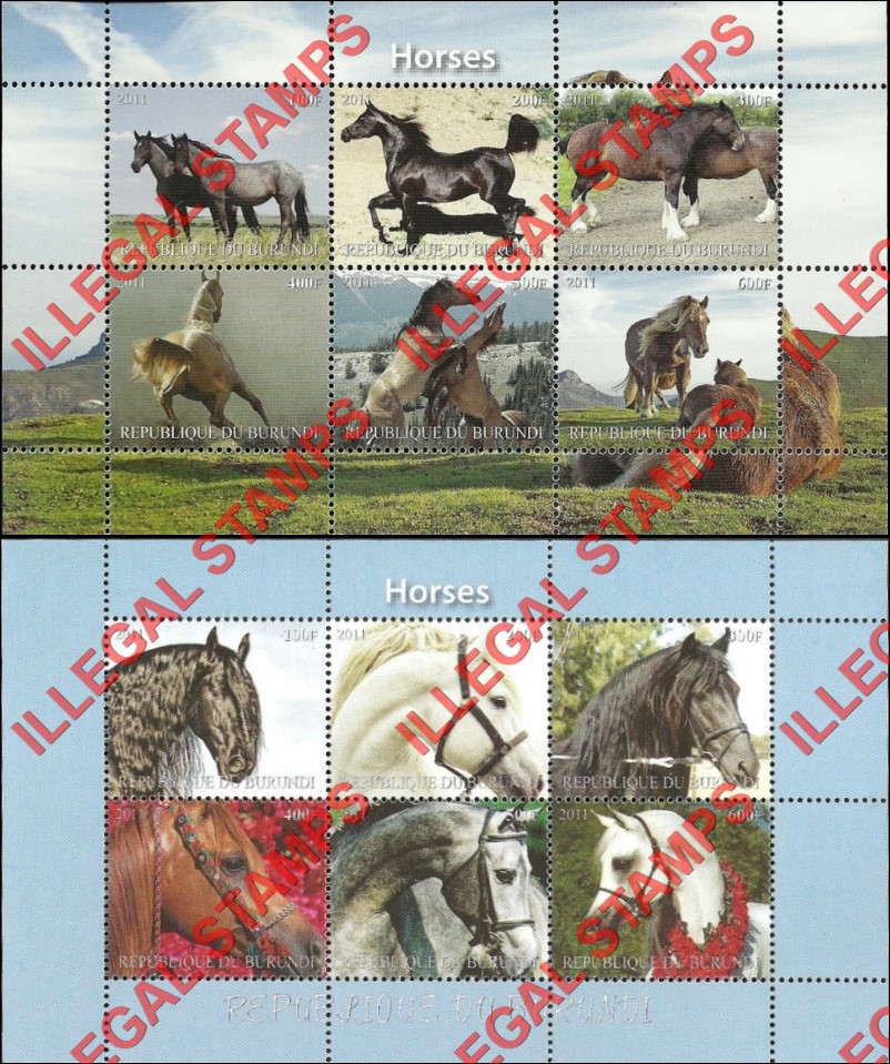 Burundi 2011 Horses Counterfeit Illegal Stamp Souvenir Sheet of 6 (Part 1) Burundi 2011 Horses Counterfeit Illegal Stamp Souvenir Sheet of 6 (Part 1)