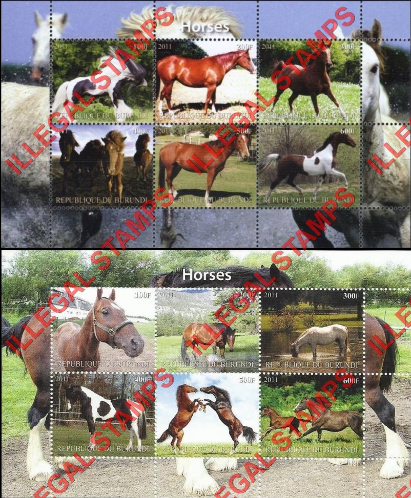 Burundi 2011 Horses Counterfeit Illegal Stamp Souvenir Sheet of 6 (Part 2) Burundi 2011 Horses Counterfeit Illegal Stamp Souvenir Sheet of 6 (Part 2)