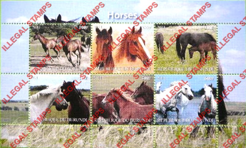 Burundi 2011 Horses Counterfeit Illegal Stamp Souvenir Sheet of 6 (Part 3) Burundi 2011 Horses Counterfeit Illegal Stamp Souvenir Sheet of 6 (Part 3)
