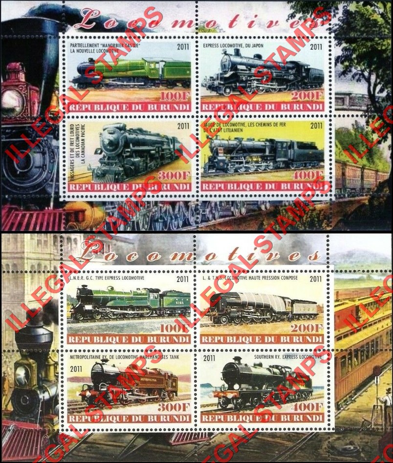 Burundi 2011 Locomotives Counterfeit Illegal Stamp Souvenir Sheet of 4 (Part 1) Burundi 2011 Locomotives Counterfeit Illegal Stamp Souvenir Sheet of 4 (Part 1)
