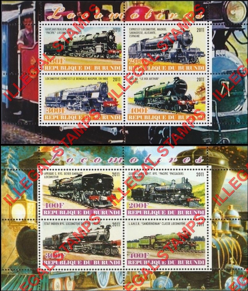 Burundi 2011 Locomotives Counterfeit Illegal Stamp Souvenir Sheet of 4 (Part 2) Burundi 2011 Locomotives Counterfeit Illegal Stamp Souvenir Sheet of 4 (Part 2)