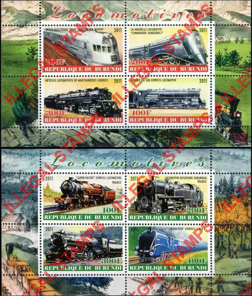 Burundi 2011 Locomotives Counterfeit Illegal Stamp Souvenir Sheet of 4 (Part 3) Burundi 2011 Locomotives Counterfeit Illegal Stamp Souvenir Sheet of 4 (Part 3)