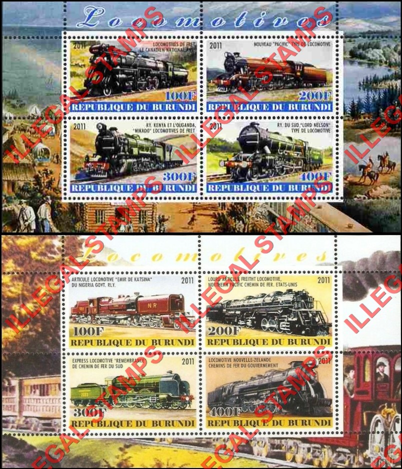 Burundi 2011 Locomotives Counterfeit Illegal Stamp Souvenir Sheet of 4 (Part 4) Burundi 2011 Locomotives Counterfeit Illegal Stamp Souvenir Sheet of 4 (Part 4)