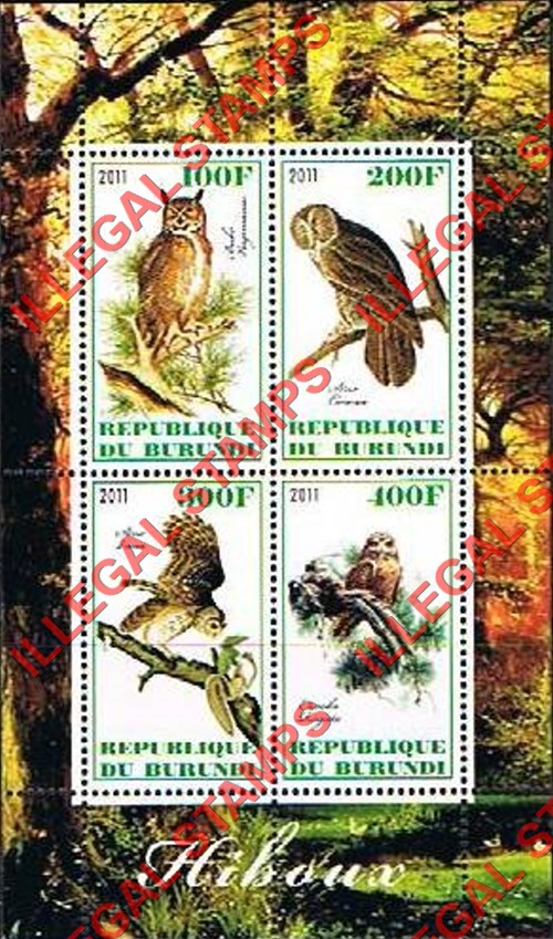 Burundi 2011 Owls Counterfeit Illegal Stamp Souvenir Sheet of 4 Burundi 2011 Owls Counterfeit Illegal Stamp Souvenir Sheet of 4