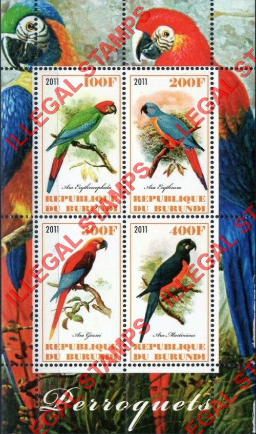 Burundi 2011 Parrots Counterfeit Illegal Stamp Souvenir Sheet of 4 Burundi 2011 Parrots Counterfeit Illegal Stamp Souvenir Sheet of 4