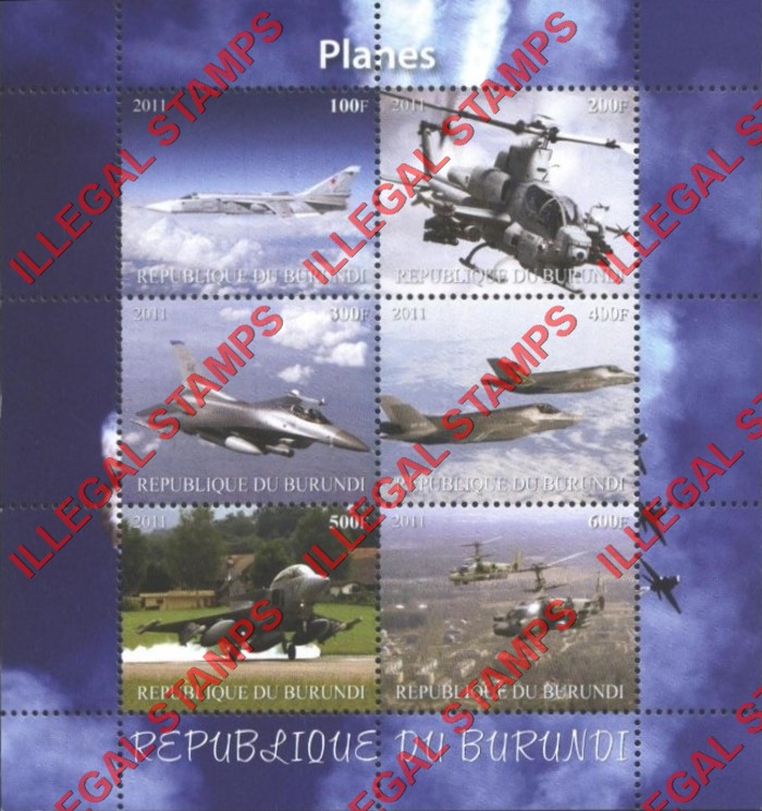 Burundi 2011 Planes Counterfeit Illegal Stamp Souvenir Sheet of 6 Burundi 2011 Planes Counterfeit Illegal Stamp Souvenir Sheet of 6