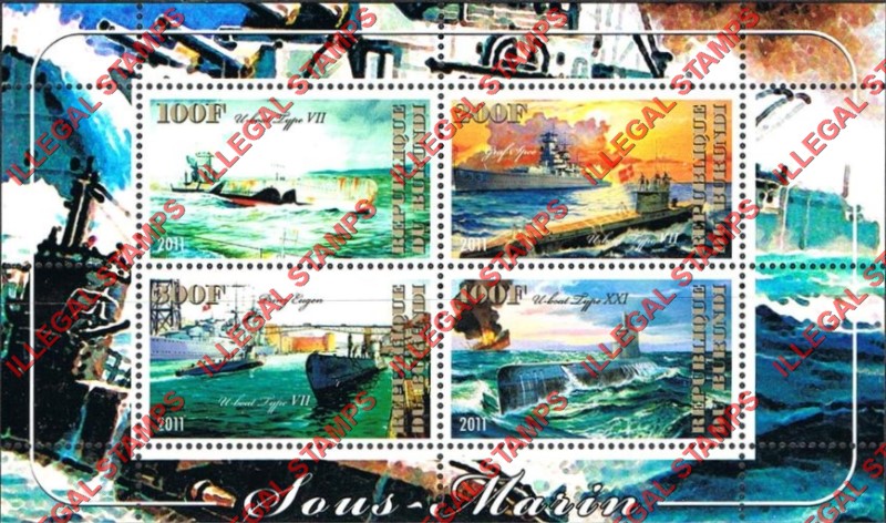 Burundi 2011 Submarines Counterfeit Illegal Stamp Souvenir Sheet of 4 Burundi 2011 Submarines Counterfeit Illegal Stamp Souvenir Sheet of 4