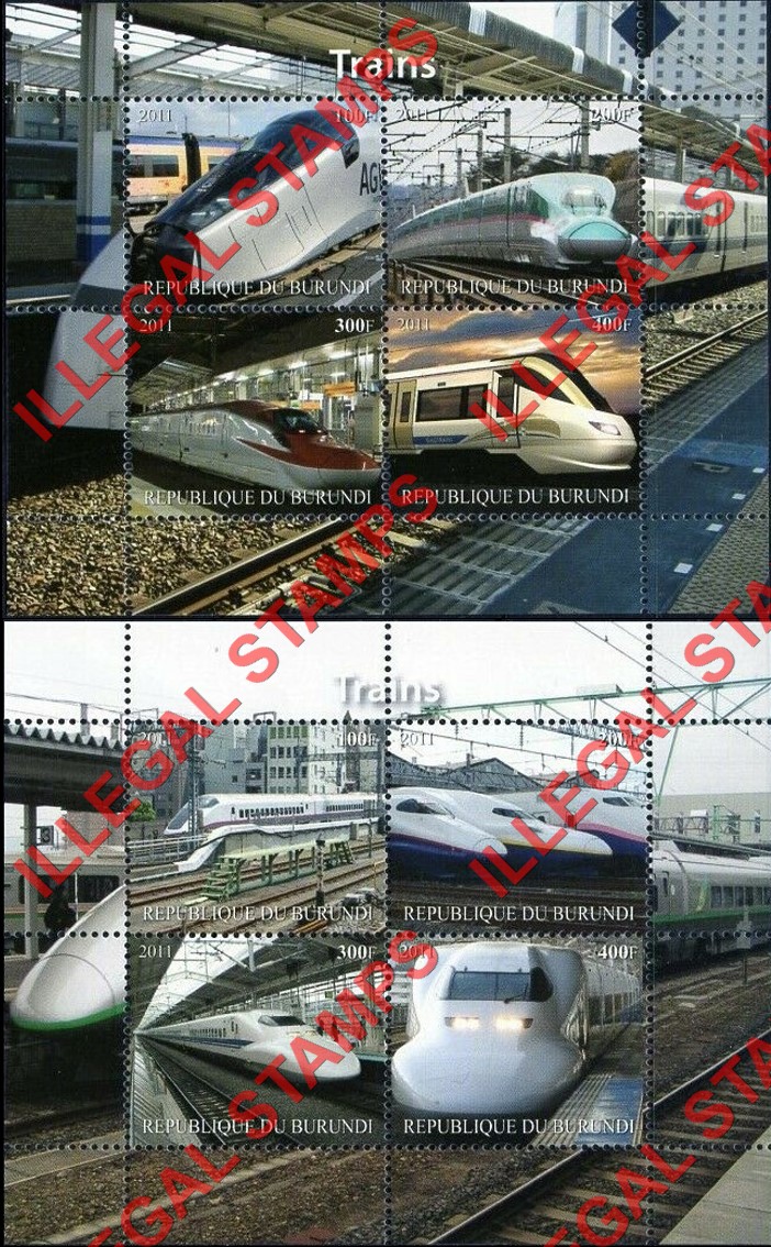 Burundi 2011 Trains Counterfeit Illegal Stamp Souvenir Sheets of 4 (Part 1) Burundi 2011 Trains Counterfeit Illegal Stamp Souvenir Sheets of 4 (Part 1)