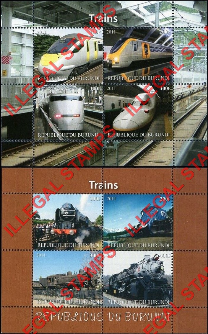 Burundi 2011 Trains Counterfeit Illegal Stamp Souvenir Sheets of 4 (Part 2) Burundi 2011 Trains Counterfeit Illegal Stamp Souvenir Sheets of 4 (Part 2)
