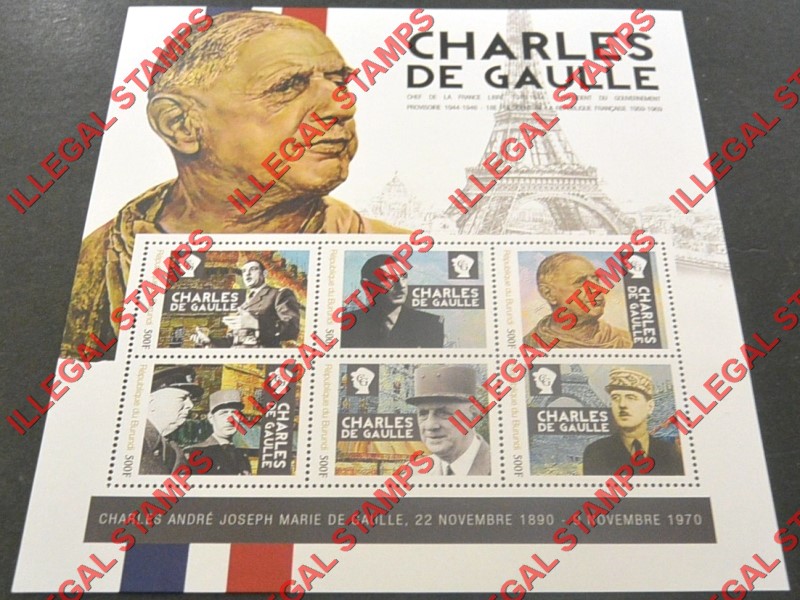 Burundi 2012 Charles de Gaulle Counterfeit Illegal Stamp Souvenir Sheet of 6 Burundi 2012 Charles de Gaulle Counterfeit Illegal Stamp Souvenir Sheet of 6
