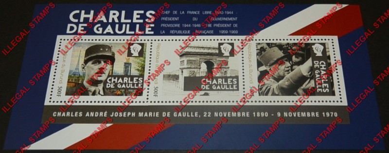 Burundi 2012 Charles de Gaulle Counterfeit Illegal Stamp Souvenir Sheet of 3 Burundi 2012 Charles de Gaulle Counterfeit Illegal Stamp Souvenir Sheet of 3