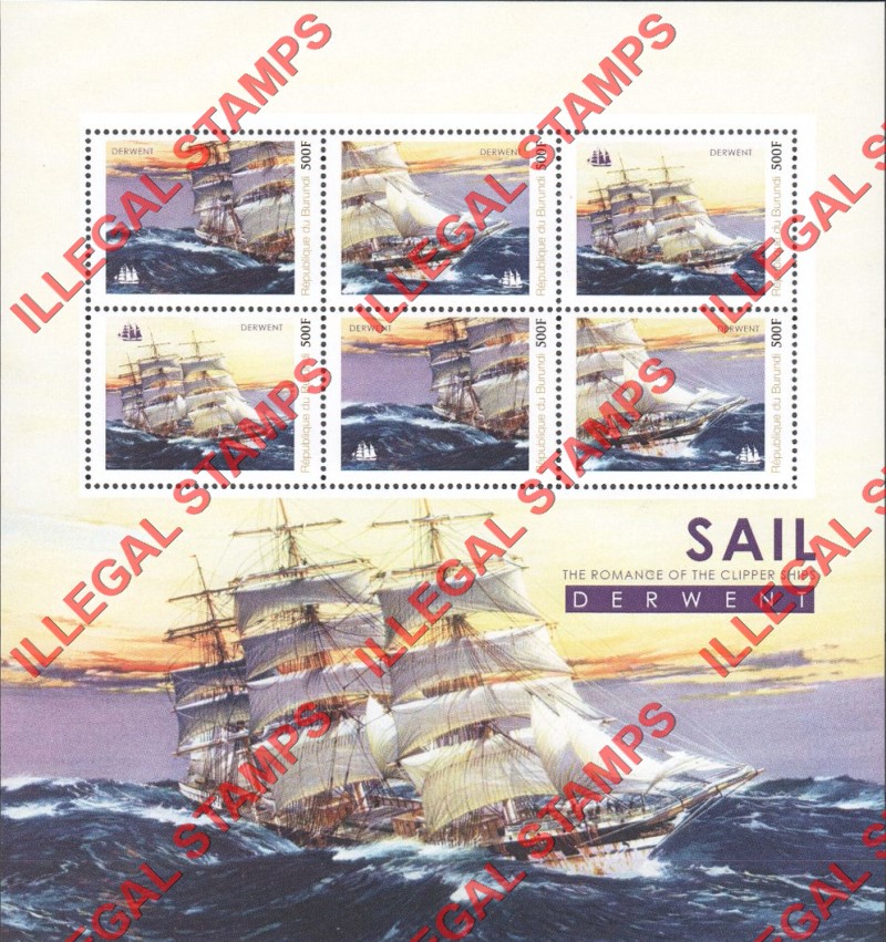 Burundi 2012 Clipper Ships Derwent Counterfeit Illegal Stamp Souvenir Sheet of 6 Burundi 2012 Clipper Ships Derwent Counterfeit Illegal Stamp Souvenir Sheet of 6