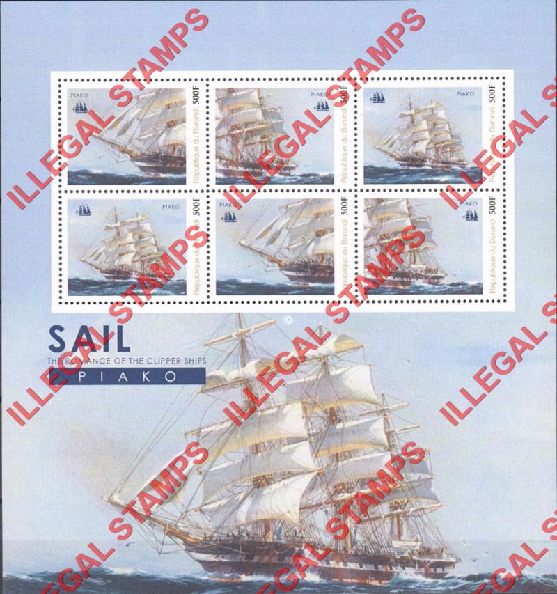 Burundi 2012 Clipper Ships Piako Counterfeit Illegal Stamp Souvenir Sheet of 6 Burundi 2012 Clipper Ships Piako Counterfeit Illegal Stamp Souvenir Sheet of 6