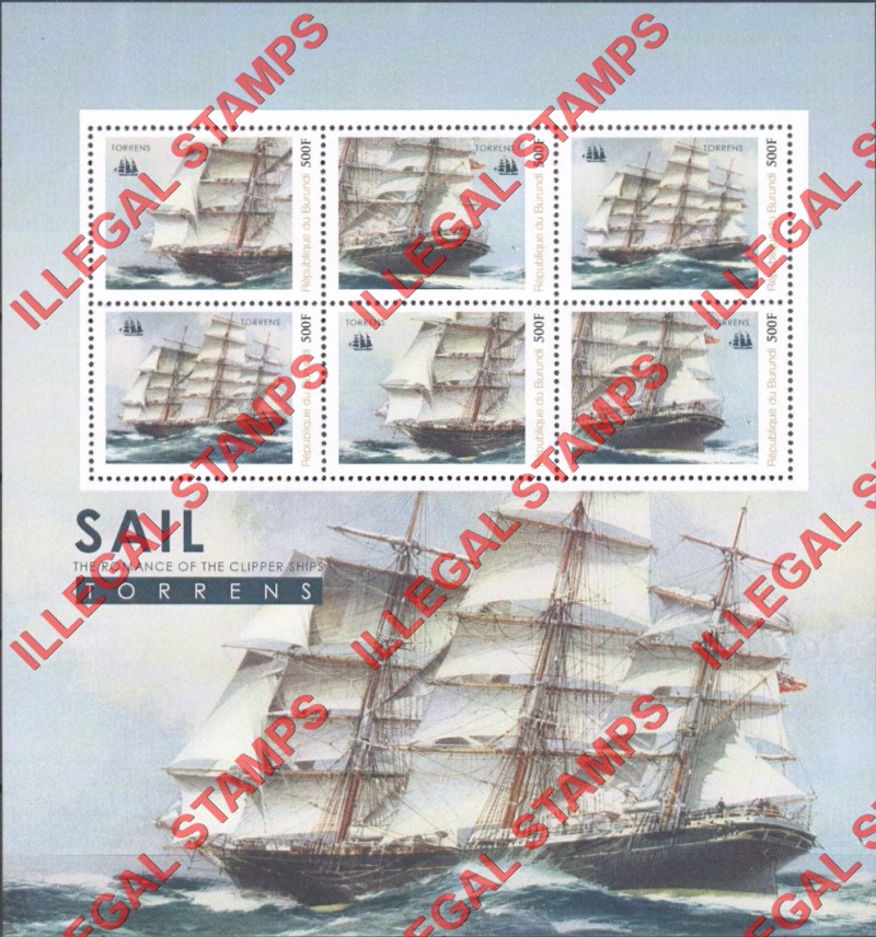 Burundi 2012 Clipper Ships Torrens Counterfeit Illegal Stamp Souvenir Sheet of 6 Burundi 2012 Clipper Ships Torrens Counterfeit Illegal Stamp Souvenir Sheet of 6