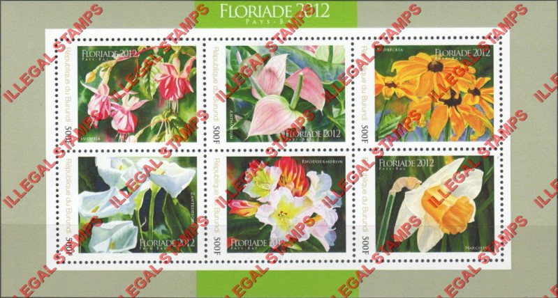 Burundi 2012 Flowers Counterfeit Illegal Stamp Souvenir Sheet of 6 Burundi 2012 Flowers Counterfeit Illegal Stamp Souvenir Sheet of 6