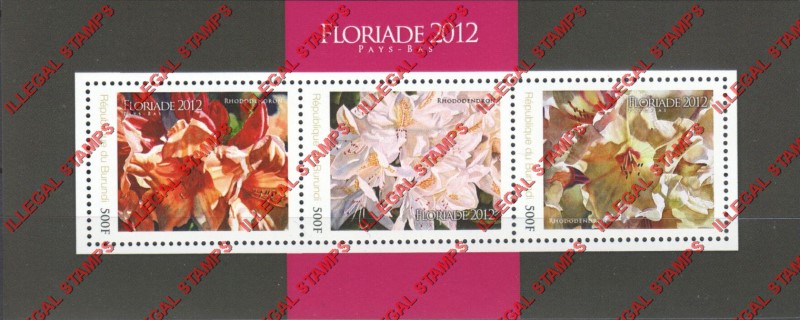 Burundi 2012 Flowers Counterfeit Illegal Stamp Souvenir Sheet of 3 Burundi 2012 Flowers Counterfeit Illegal Stamp Souvenir Sheet of 3