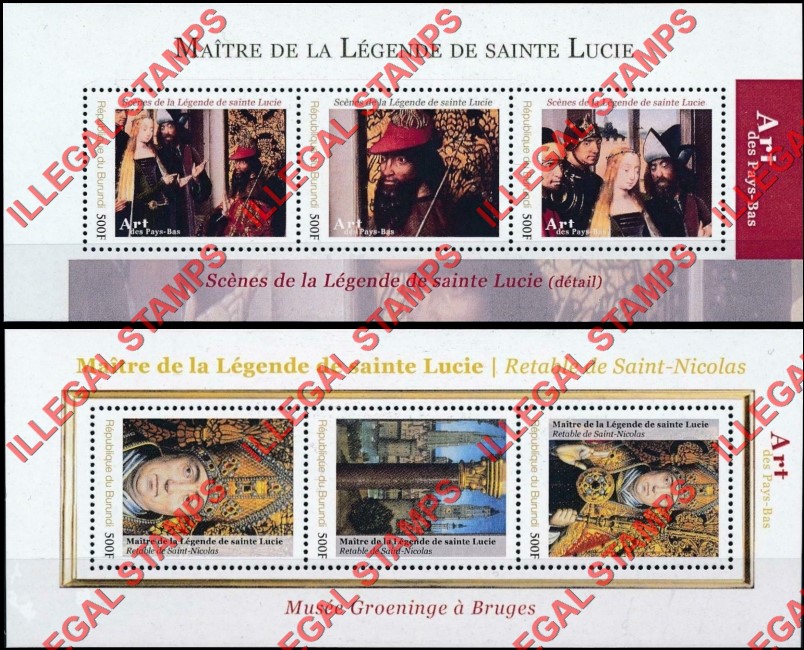 Burundi 2012 Master of the Legend of Saint Lucia Counterfeit Illegal Stamp Souvenir Sheets of 3 Burundi 2012 Master of the Legend of Saint Lucia Counterfeit Illegal Stamp Souvenir Sheets of 3