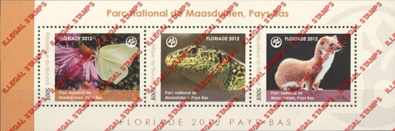 Burundi 2012 National Parks De Maasduinen Counterfeit Illegal Stamp Souvenir Sheet of 3 Burundi 2012 National Parks De Maasduinen Counterfeit Illegal Stamp Souvenir Sheet of 3