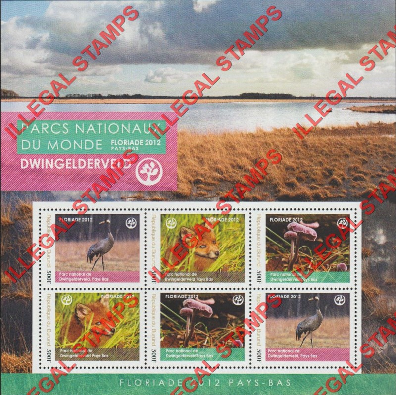 Burundi 2012 National Parks Dwingelderveld Counterfeit Illegal Stamp Souvenir Sheet of 6 Burundi 2012 National Parks Dwingelderveld Counterfeit Illegal Stamp Souvenir Sheet of 6