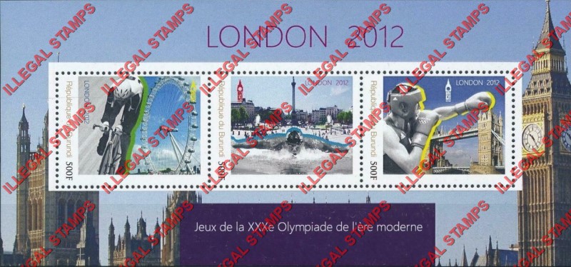 Burundi 2012 Olympic Games in London Counterfeit Illegal Stamp Souvenir Sheet of 3 Burundi 2012 Olympic Games in London Counterfeit Illegal Stamp Souvenir Sheet of 3