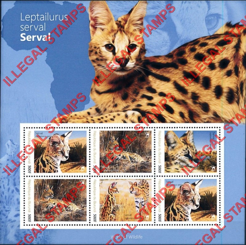 Burundi 2012 Wild Cats Servals Counterfeit Illegal Stamp Souvenir Sheet of 6 Burundi 2012 Wild Cats Servals Counterfeit Illegal Stamp Souvenir Sheet of 6