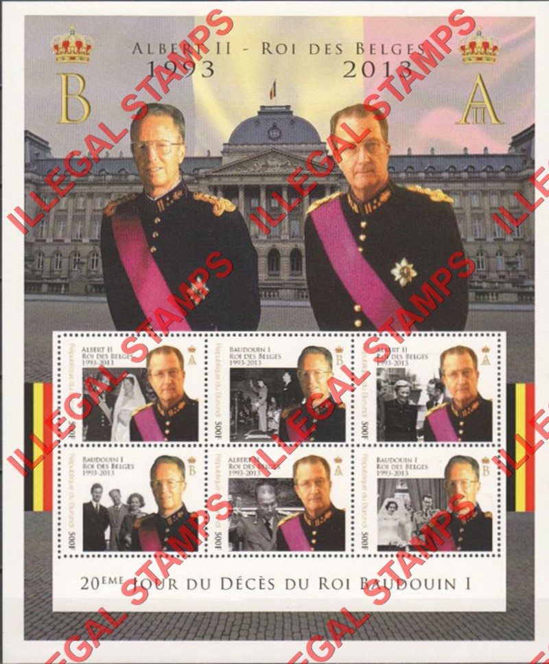 Burundi 2013 Abdication of King Albert II in Belgium Counterfeit Illegal Stamp Souvenir Sheet of 6 Burundi 2013 Abdication of King Albert II in Belgium Counterfeit Illegal Stamp Souvenir Sheet of 6
